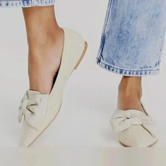 ASOS Design Lake Bow Size 11W Raffia Ballet Pointed Toe Flat Loafer - Picture 3 of 10